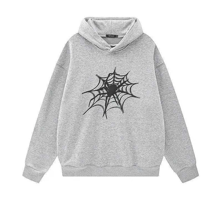 Clothing The Korean Fashion | Spider Print Velvet Hooded Sweatshirt