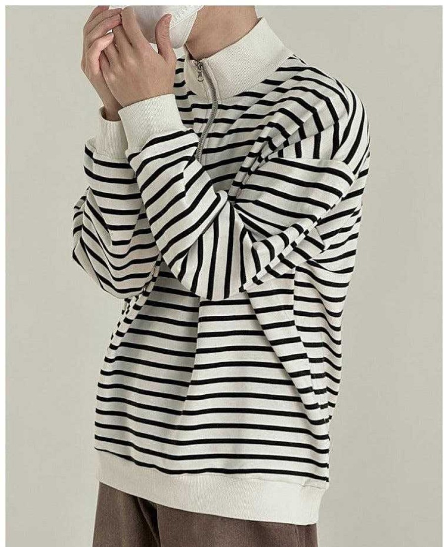 Clothing The Korean Fashion | Half-Height Zipper D Sweatshirt Stripe