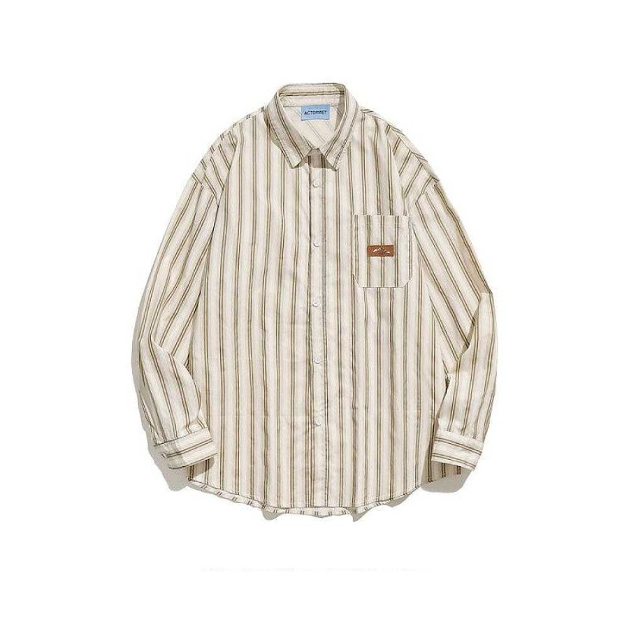 Clothing The Korean Fashion | Retro Striped Long-Sleeved Shirt Apricot