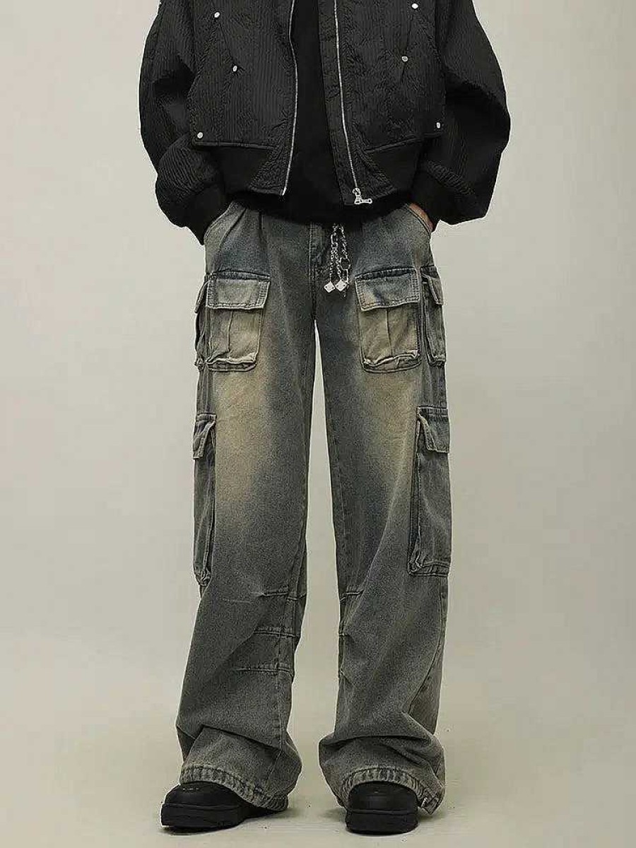 Clothing The Korean Fashion Jeans | Baggy Multi-Pocket Cargo Jeans Vintage Blue