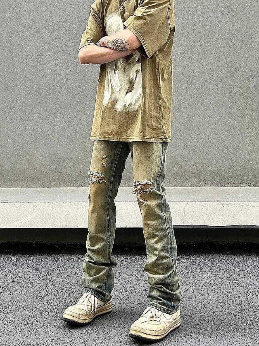 Clothing The Korean Fashion Jeans | Retro Washed Yellow Mud Dyed Ripped Jeans Yellow Mud Color