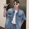 Clothing The Korean Fashion | Blue Denim Shirt & Wide-Leg Cropped Shorts