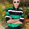 Clothing The Korean Fashion | Striped Color Matching Polo Shirt Green (Removable Shoulder Pads)