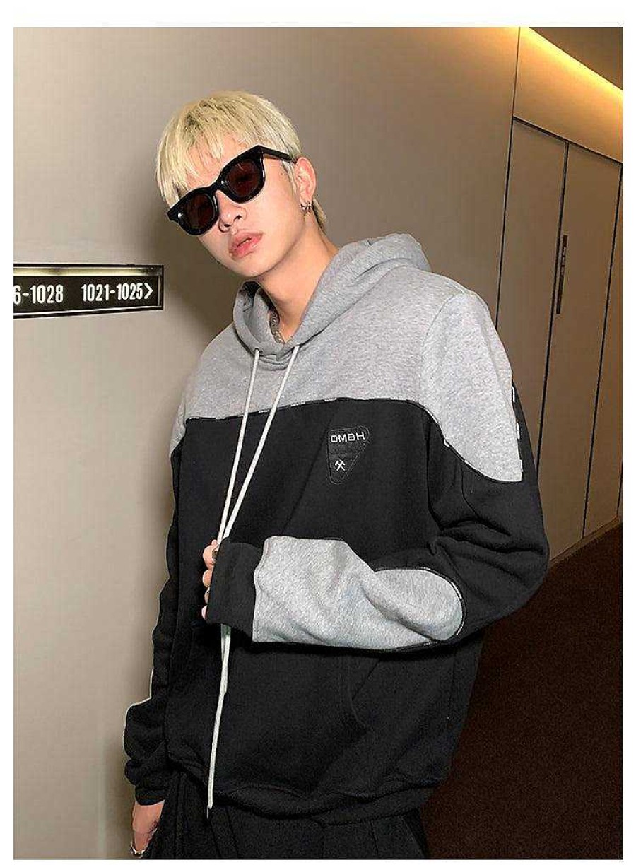 Clothing The Korean Fashion | Stitching Contrast Color Hooded Sweater Black And Gray