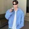 Clothing The Korean Fashion | Striped Shoulder Pad Bomber Jacket Blue