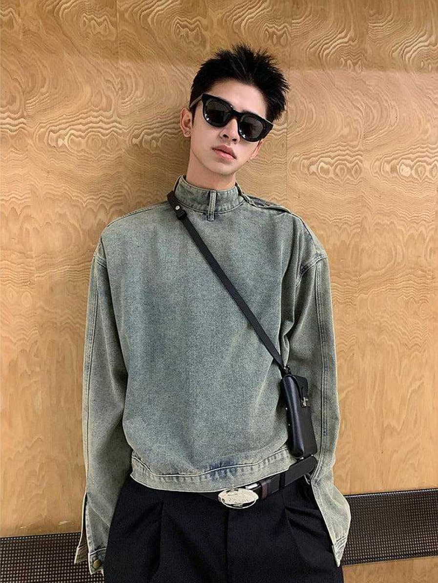 Clothing The Korean Fashion | Turtleneck Denim Pullover Light Blue