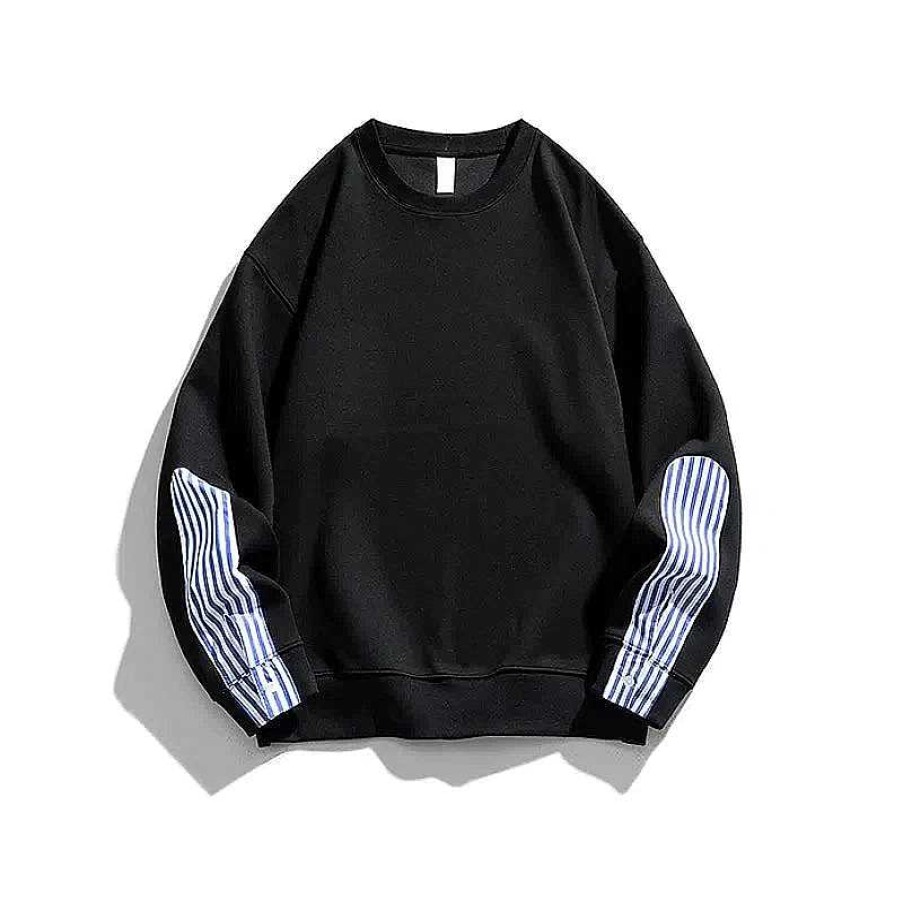 Clothing The Korean Fashion | Striped Cuff Round Neck Sweatshirt