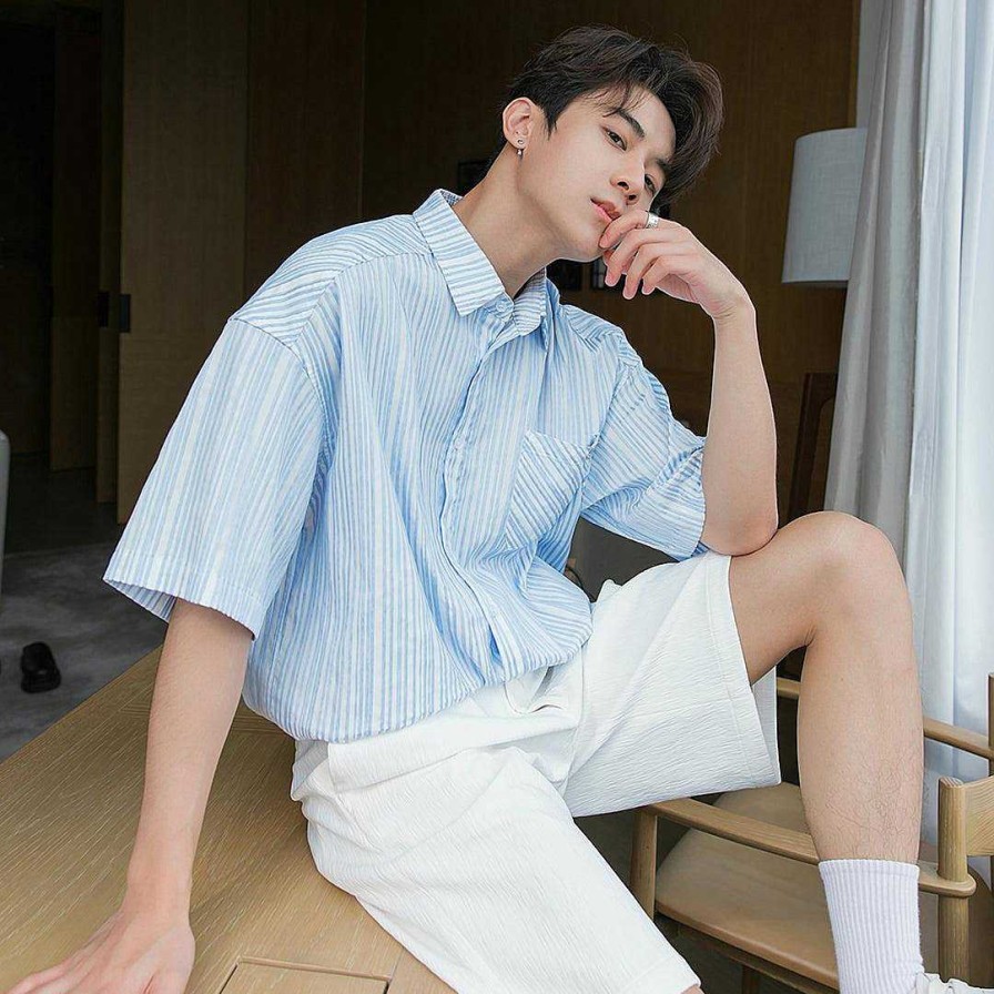 Clothing The Korean Fashion | Loose-Fit Button-Down Striped Shirt