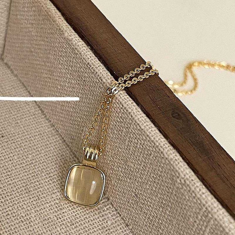 Women The Korean Fashion Necklaces | Square Opal Pendant Necklace Gold