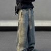 Clothing The Korean Fashion Jeans | Elastic Waist Washed Gradient Drawstring Wide-Leg Jeans Dark Blue