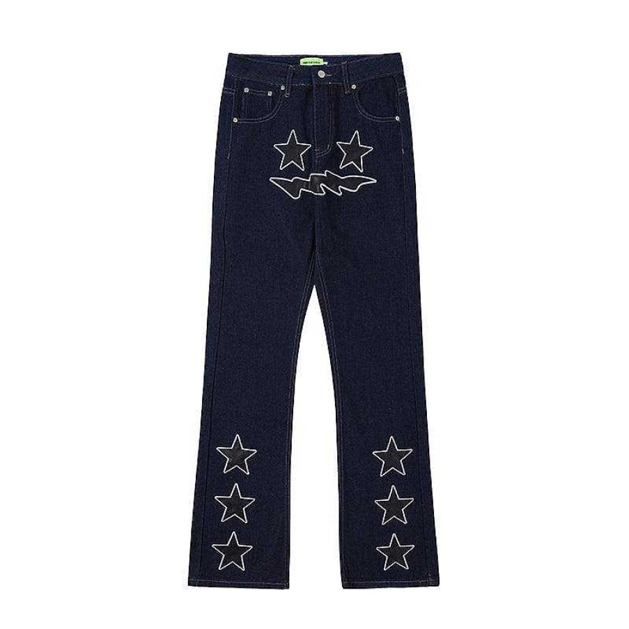 Clothing The Korean Fashion Jeans | Star Patch Straight Leg Jeans Blue