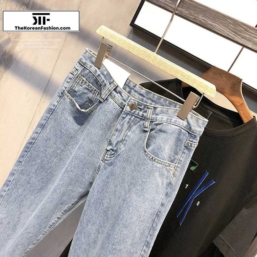 Casual Style Clothes The Korean Fashion | Casual Washed Jeans Light Blue