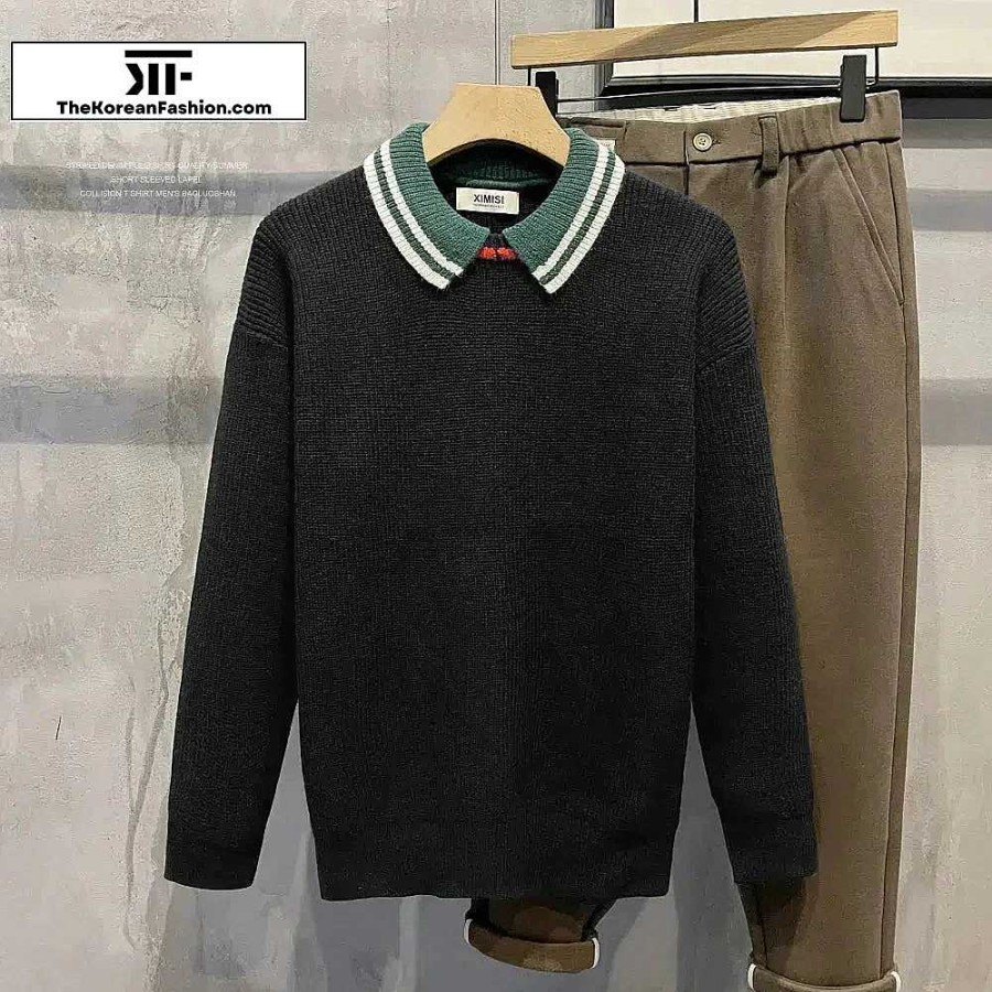 Casual Style Clothes The Korean Fashion | Contrasting Color Lapel Pullover Sweater