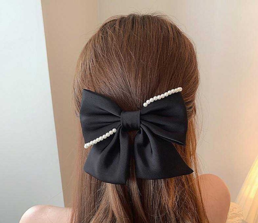 Women The Korean Fashion Hair Accessories | Bow Pearl Hairpin Black