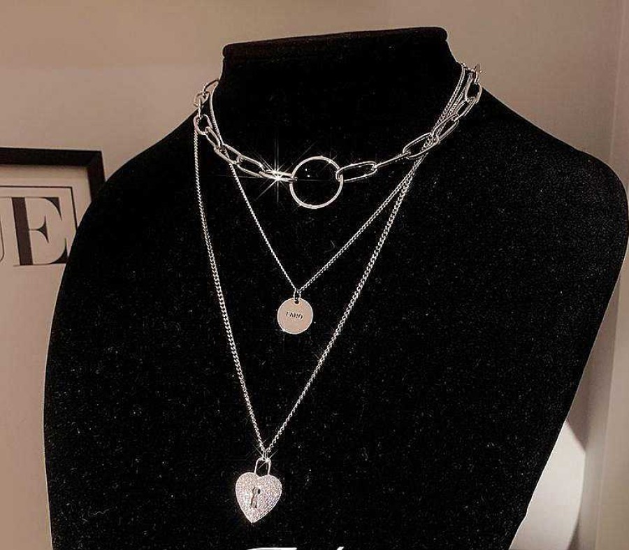 Women The Korean Fashion Necklaces | Three Layered Love Necklace Silver