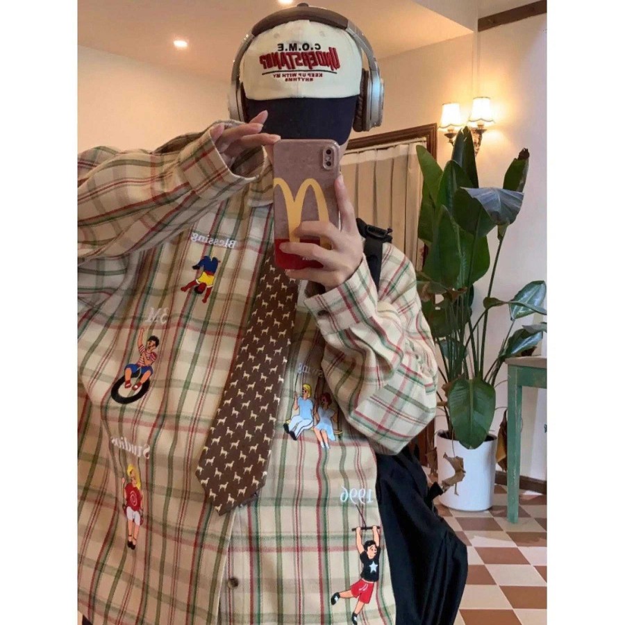 Clothing The Korean Fashion | Cartoon Embroidered Plaid Shirt (Without Tie)