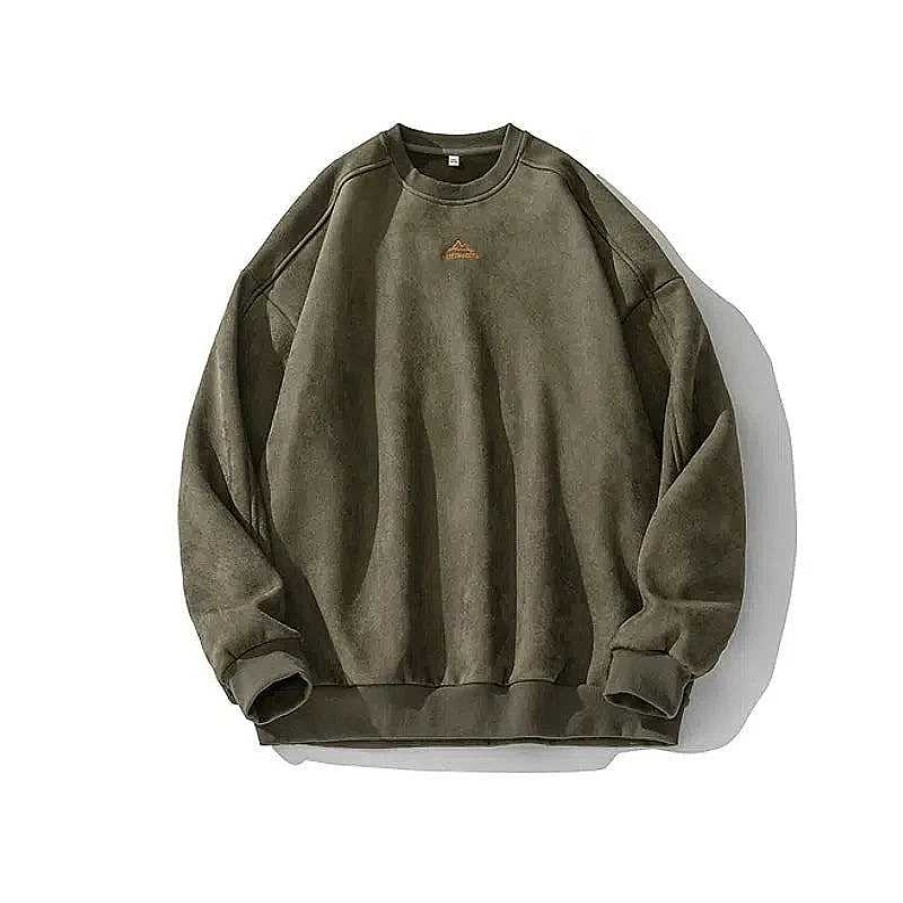 Clothing The Korean Fashion | Embroidered Suede Round Neck Sweatshirt