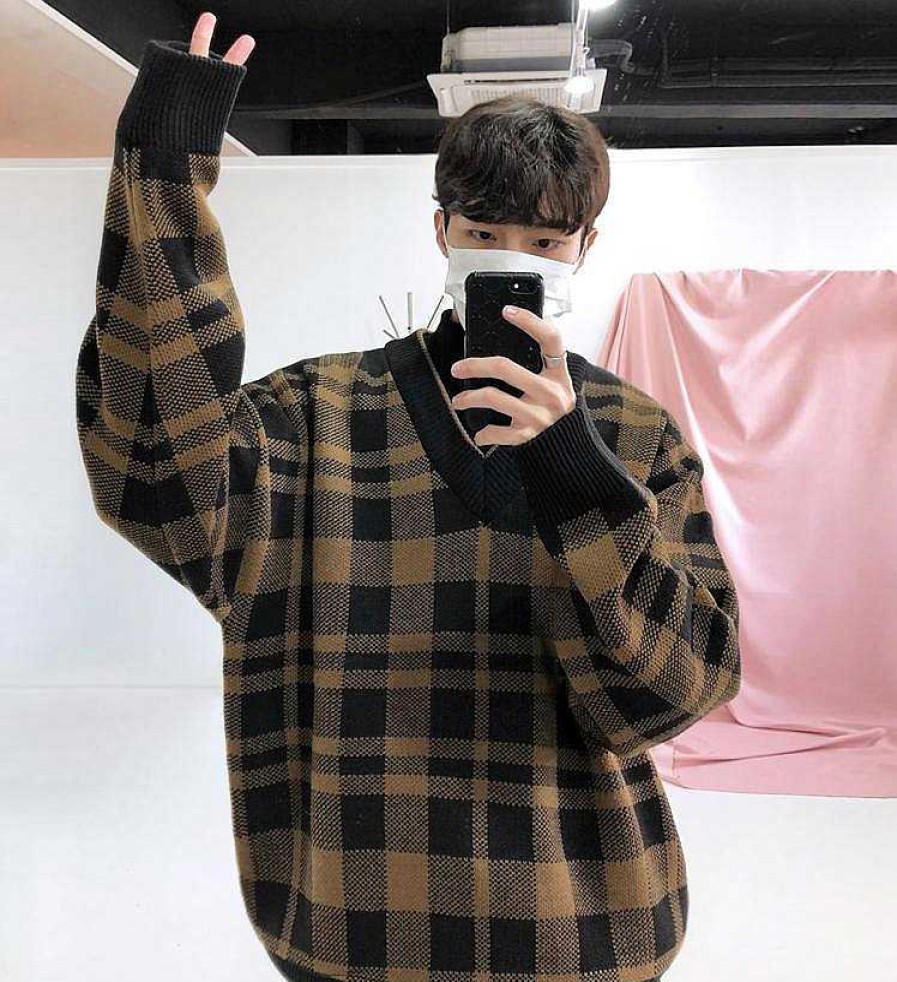 Clothing The Korean Fashion | V-Neck Plaid Sweater