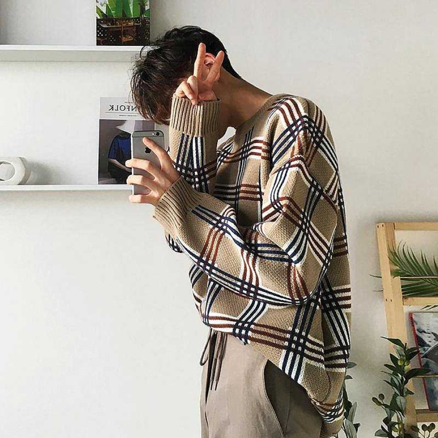 Clothing The Korean Fashion | Plaid Loose Sweater Khaki