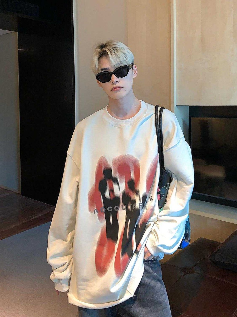 Clothing The Korean Fashion | Round Neck Oversized Printed Sweatshirt Plus Velvet