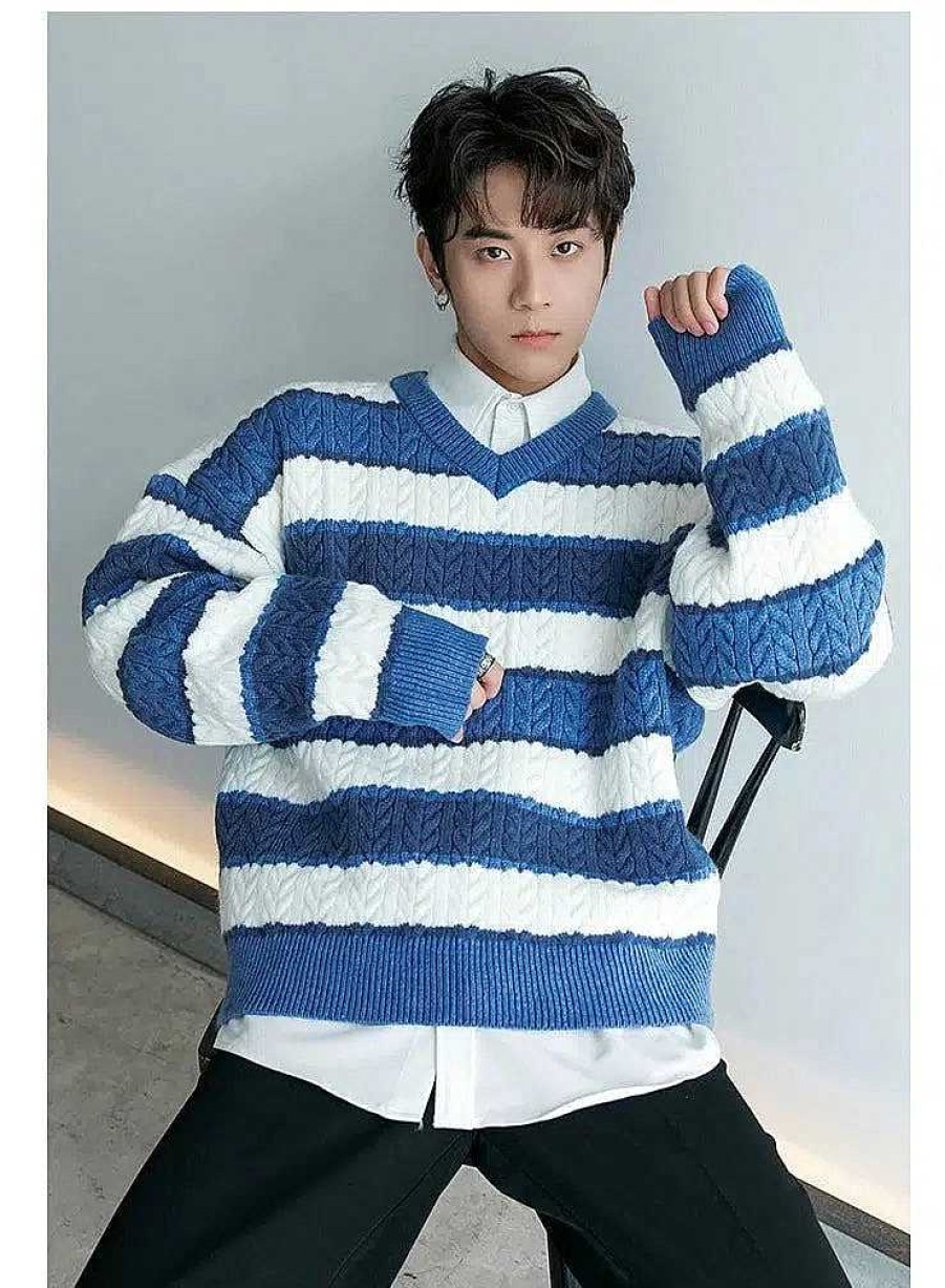 Clothing The Korean Fashion | V-Neck Striped Sweater