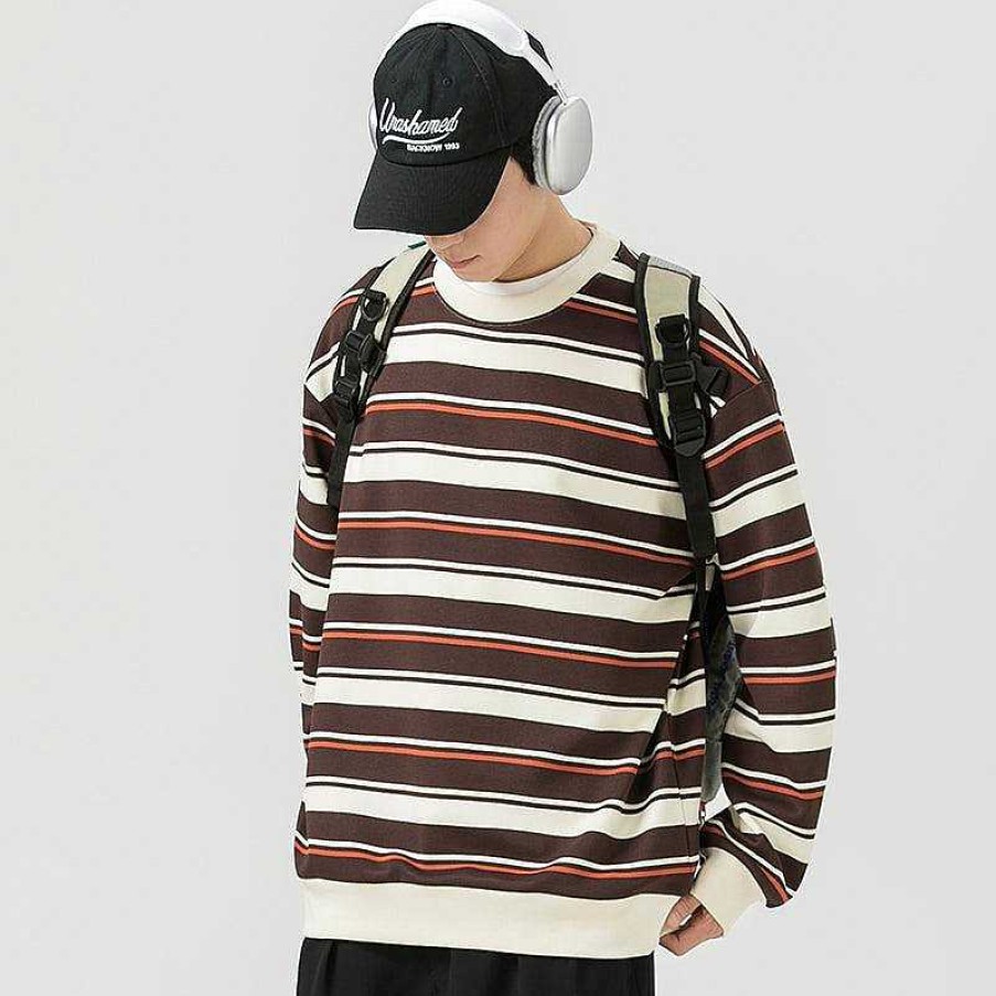 Clothing The Korean Fashion | Round Neck Striped Sweatshirt