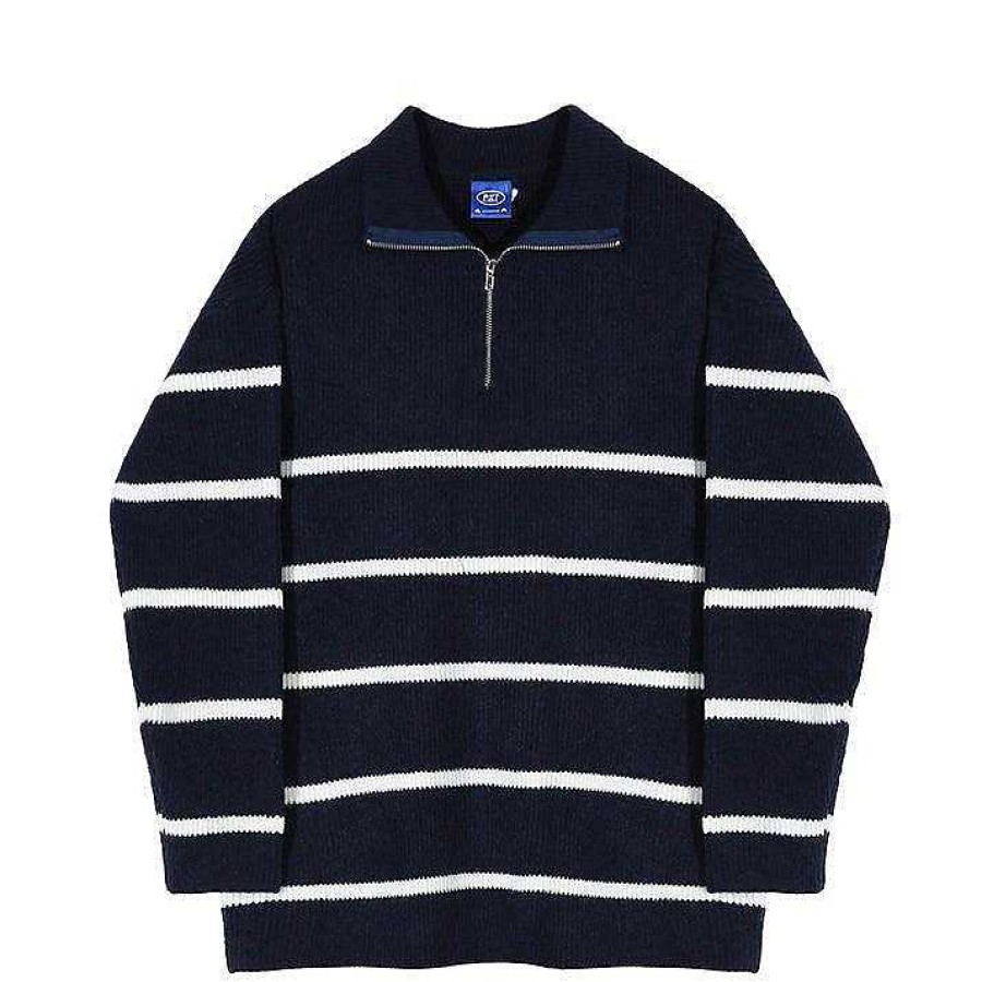 Clothing The Korean Fashion | Half-Zip Striped Sweater