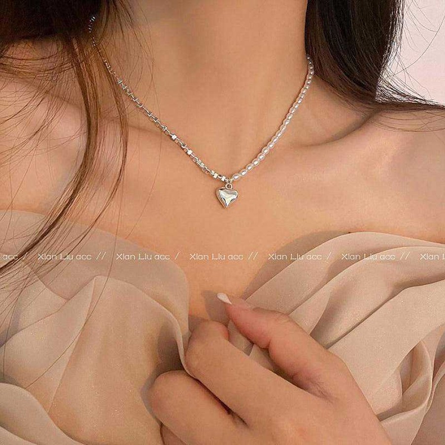 Women The Korean Fashion Necklaces | Splicing Pearl Heart Necklace Silver