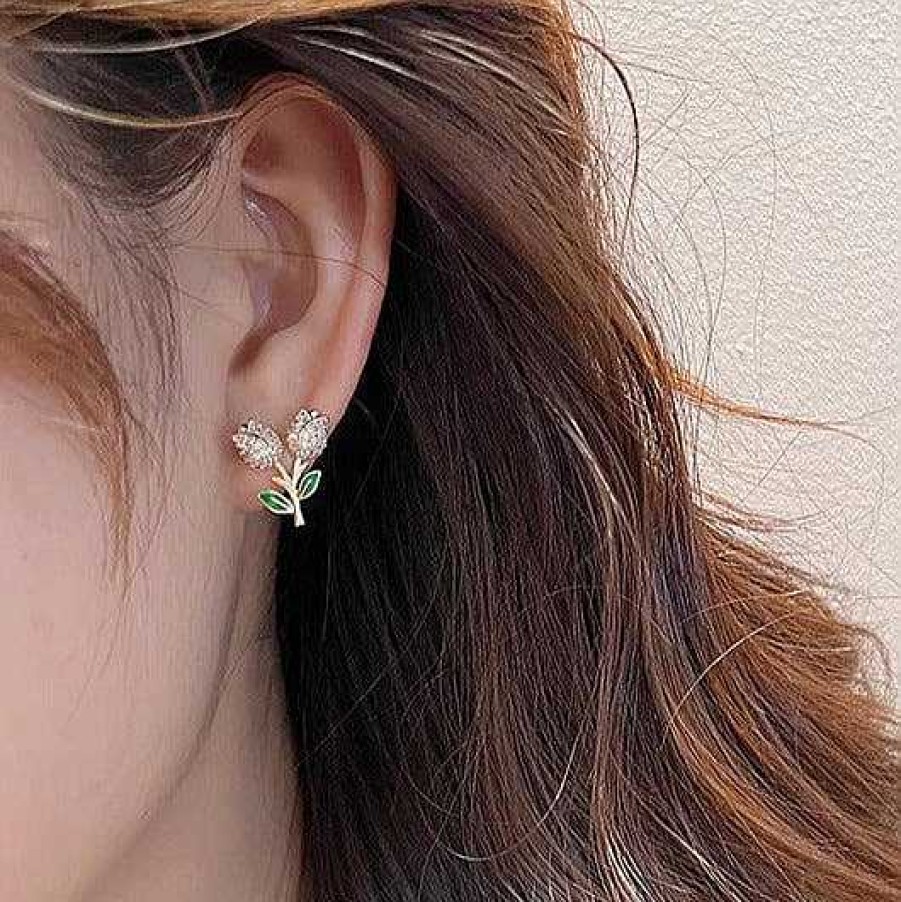 Women The Korean Fashion Earrings | Zircon Tulip Stud Earrings Green