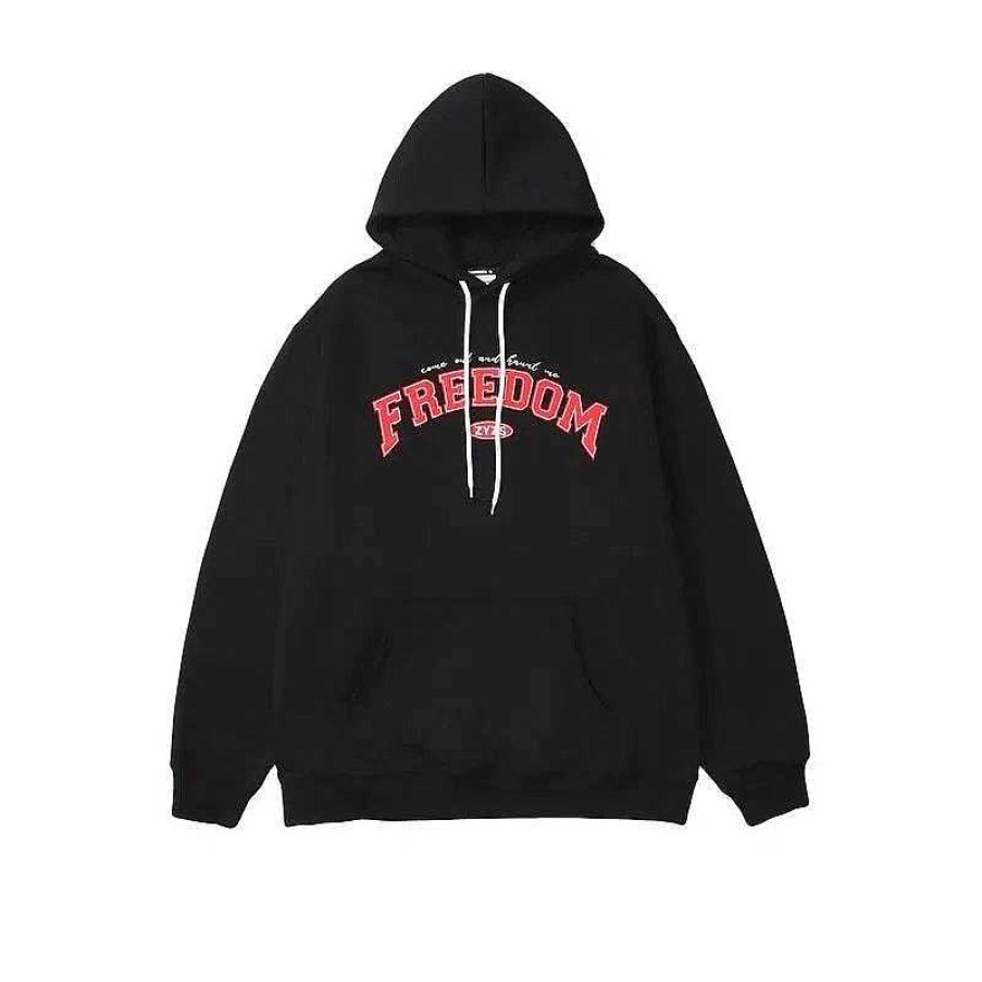 Clothing The Korean Fashion | Velvet Text Printed Hooded Sweatshirt