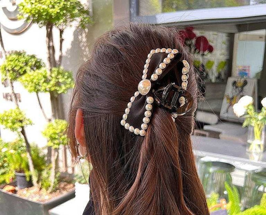 Women The Korean Fashion Hair Accessories | Bow Pearl Hair Claw Clip Black