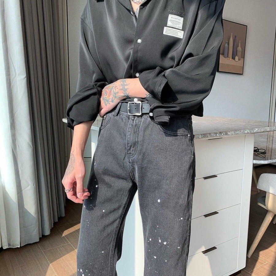 Clothing The Korean Fashion Jeans | Paint-Dot High-Waisted Flared Jeans Gray