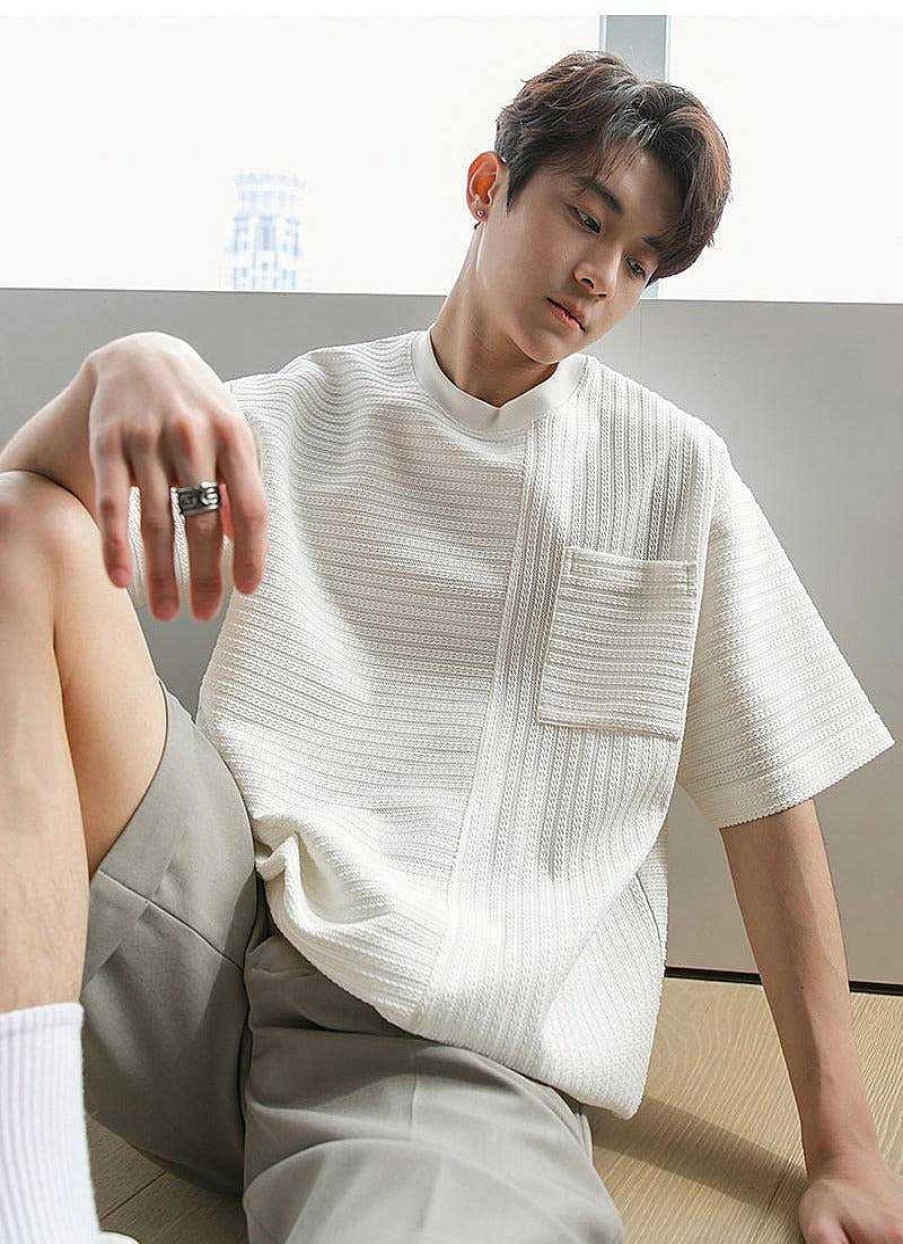 Clothing The Korean Fashion | Knitted Woven Striped T-Shirt White