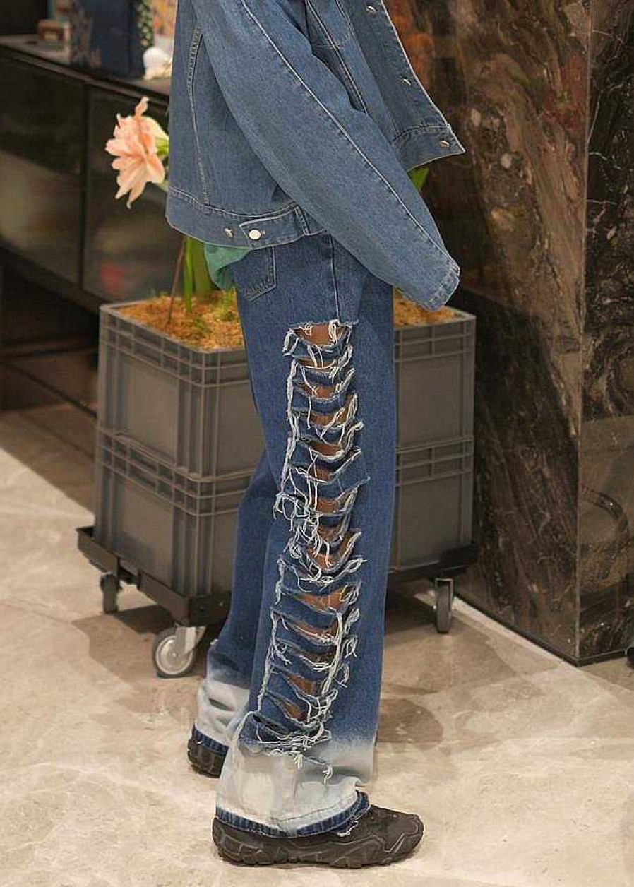 Clothing The Korean Fashion Jeans | Ripped Wide Leg Jeans Blue