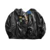 Clothing The Korean Fashion | Retro Embroidered Street Motorcycle Leather Jacket Black