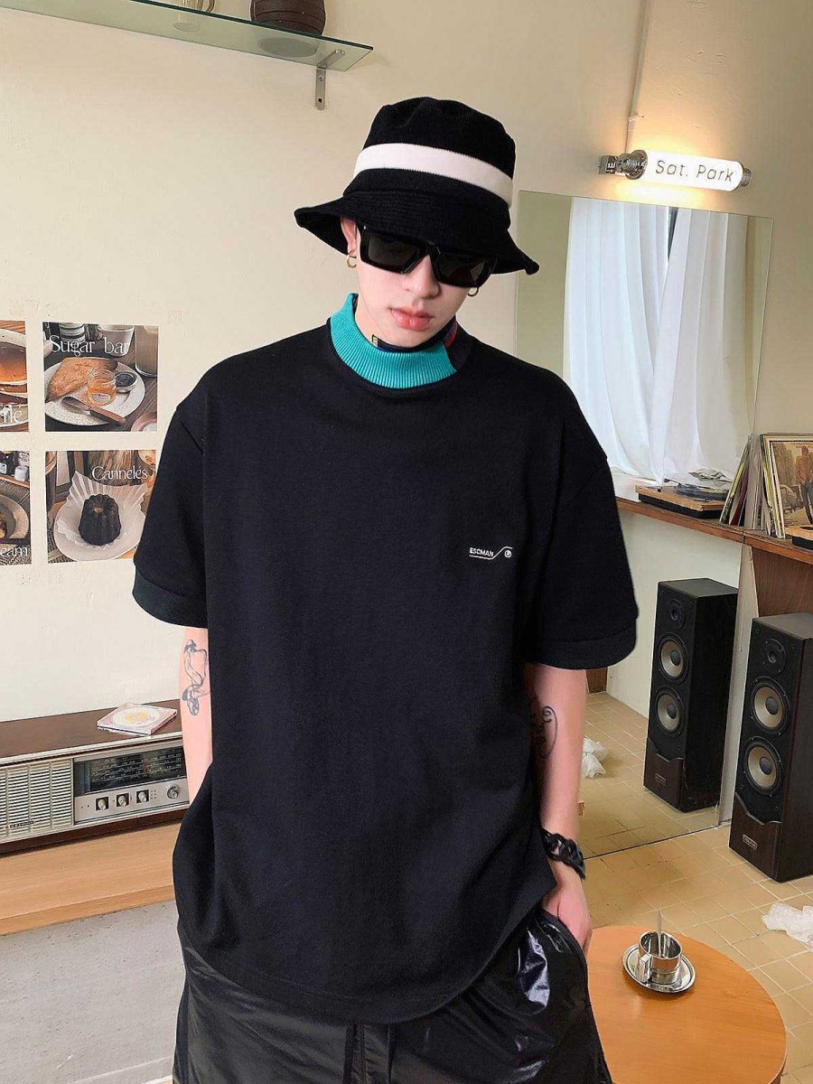 Clothing The Korean Fashion | Stitching Neckline Design T-Shirt Black