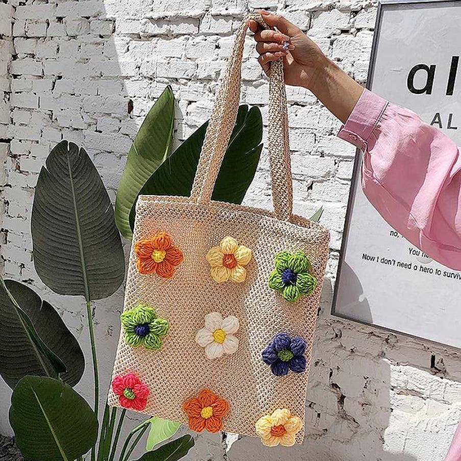 Women The Korean Fashion | Straw Flower Tote Bag