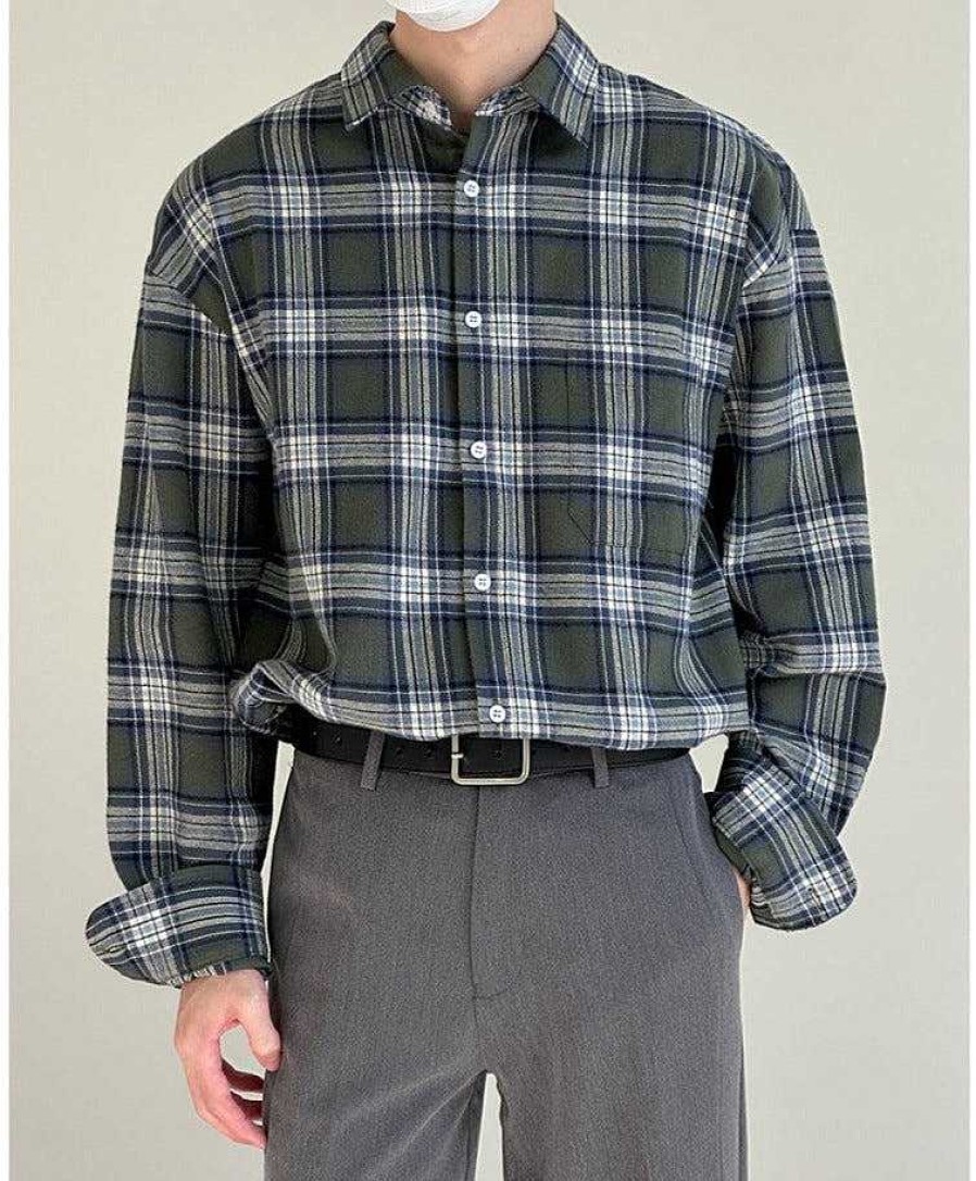 Clothing The Korean Fashion | Casual Basic Plaid Long-Sleeved Shirt Green