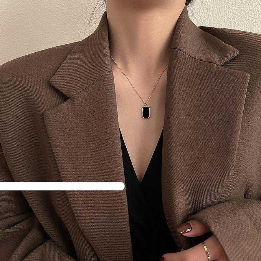 Women The Korean Fashion Necklaces | Black Square Pendant Necklace Golden