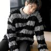 Clothing The Korean Fashion | Ripped Crew Neck Striped Sweater