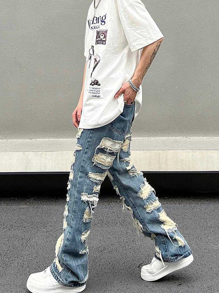 Clothing The Korean Fashion Jeans | Light Ripped Straight Jeans Blue