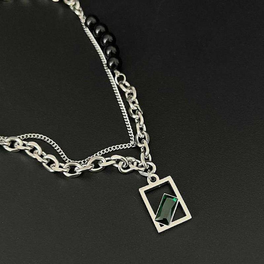 Accs & Bags & Shoes The Korean Fashion | Green Zircon Square Pendant Necklace 45+5Cm