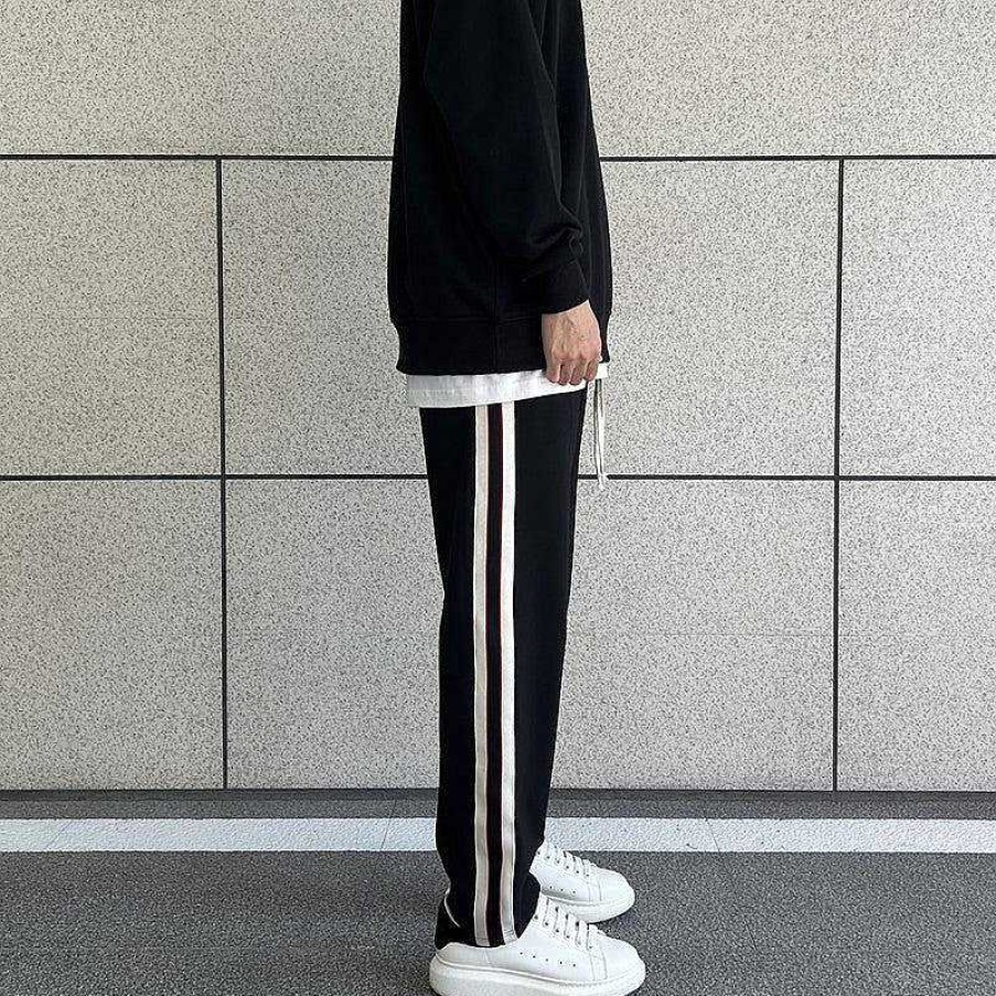 Clothing The Korean Fashion Slim Fit | White & Red Side Stripe Elastic Pants Black