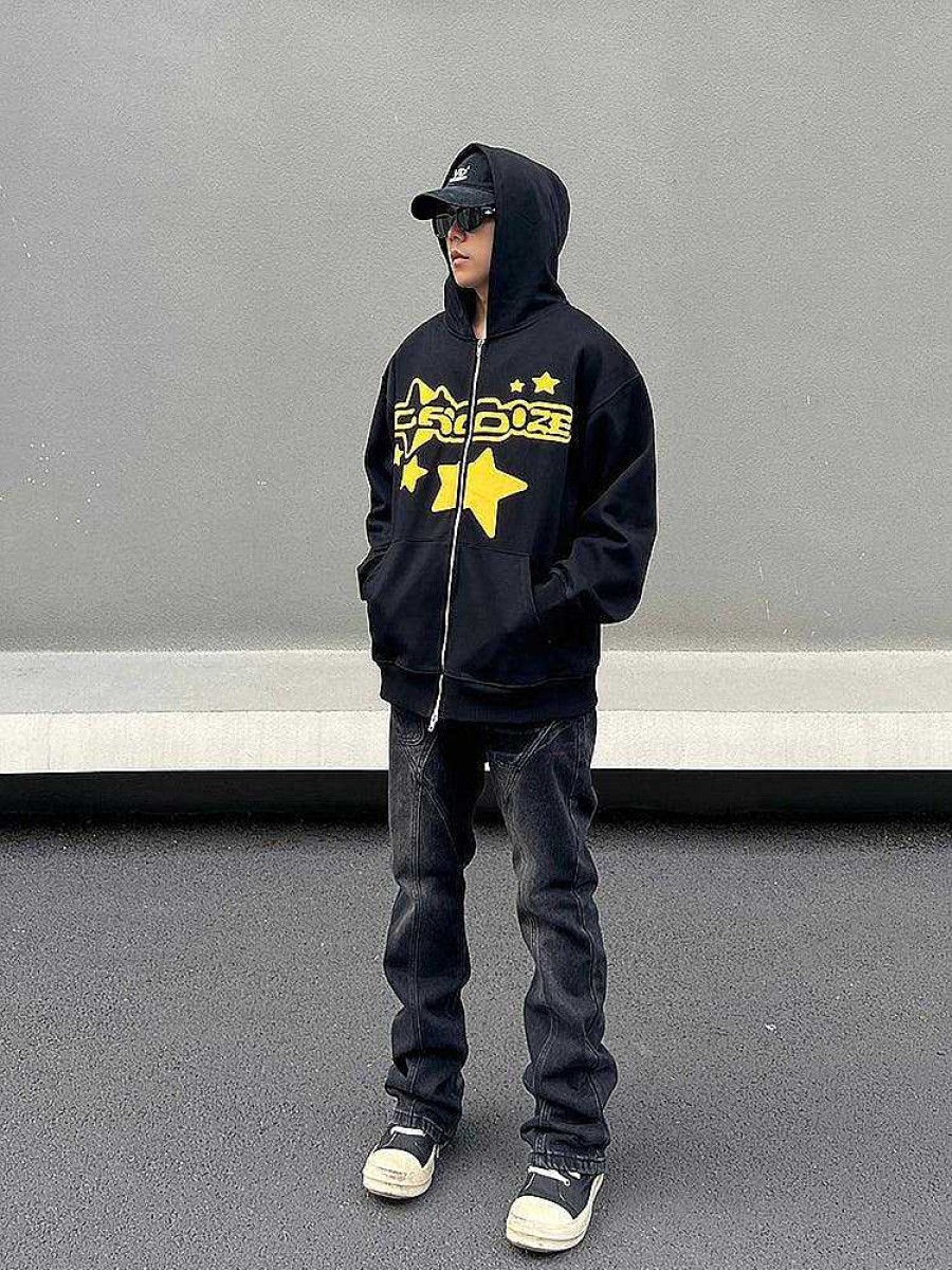 Clothing The Korean Fashion | Star Lettering Print Hoodie Jacket