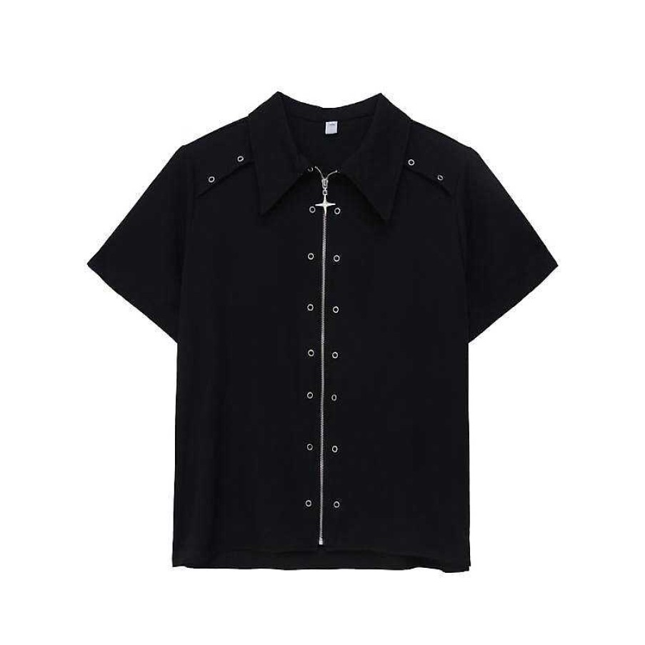 Clothing The Korean Fashion | Zipper Metal Design Shoulder Pad Shirt