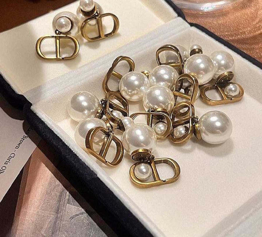 Women The Korean Fashion Earrings | Cd Letters Pearl Earrings Gold