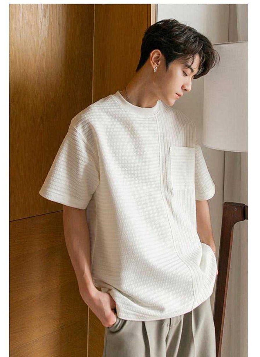 Clothing The Korean Fashion | Knitted Woven Striped T-Shirt White