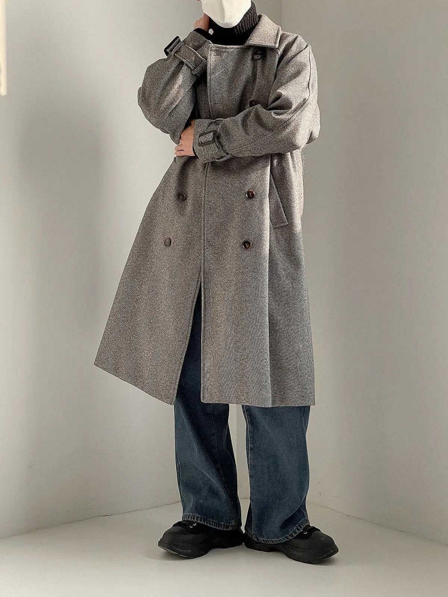 Clothing The Korean Fashion | Double Breasted Woolen Trench Coat Grey