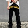 Clothing The Korean Fashion Jeans | Embroidery Letters Flared Jeans Black