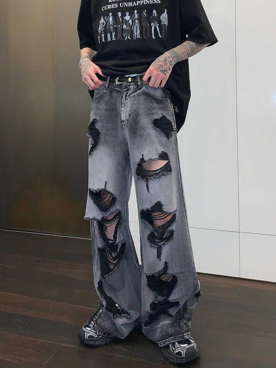 Clothing The Korean Fashion Jeans | Wide-Leg Ripped Jeans Gray